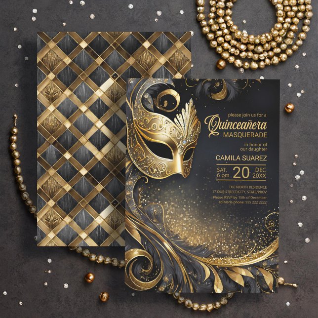 Quinceanera Masquerade Black Gold ID1031 Invitation (Creator Uploaded)