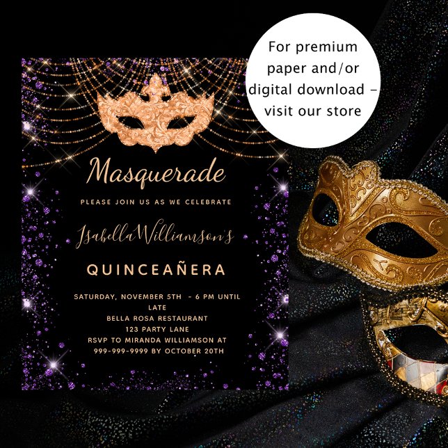 Quinceanera masquerade black purple invitation (Creator Uploaded)