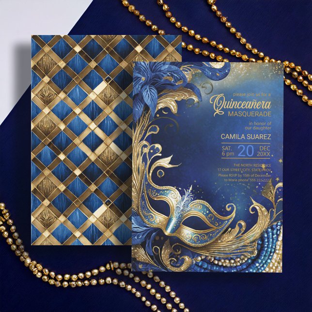 Quinceanera Masquerade Blue Gold ID1031 Invitation (Creator Uploaded)