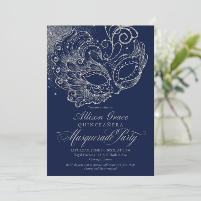 Quinceanera Masquerade Invitation Navy Blue Silver (Standing Front)