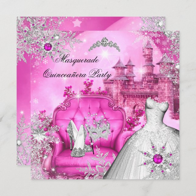 Quinceanera Masquerade Magical Princess Hot Pink Invitation (Front/Back)
