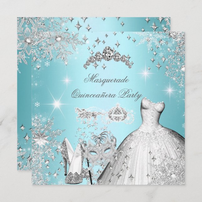 Quinceanera Masquerade Magical Princess Teal Blue Invitation (Front/Back)