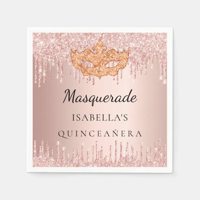 Quinceanera masquerade mask rose gold glitter napkin (Front)