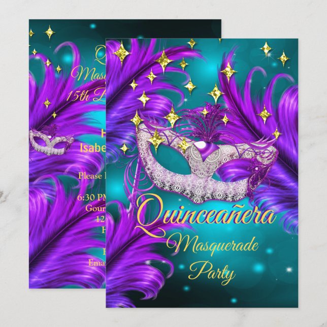 Quinceanera Masquerade party mask Teal Purple gold Invitation (Front/Back)