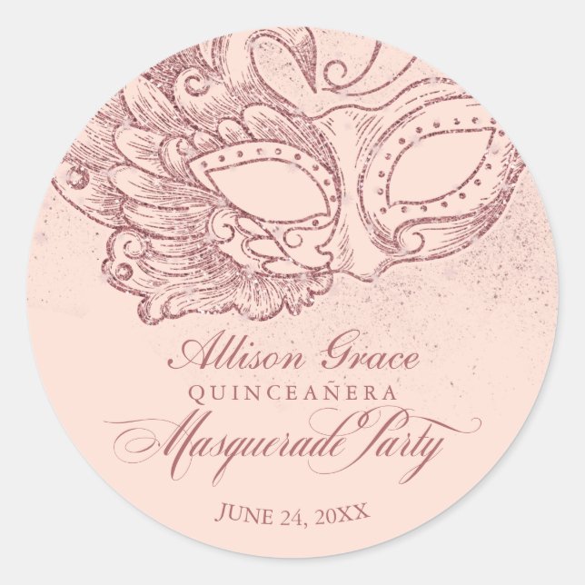 Quinceanera Masquerade Party Rose Gold Pink Classic Round Sticker (Front)