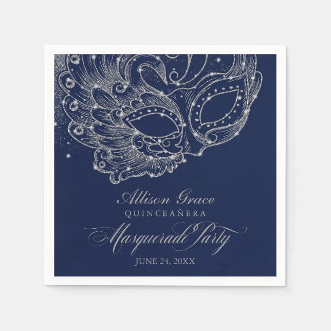 Quinceanera Masquerade Party Silver Blue Napkin (Front)
