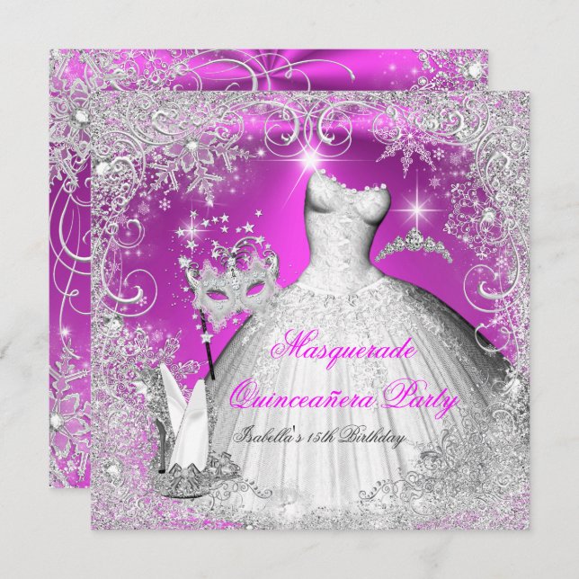 Quinceanera Masquerade Pink White Snowflakes Invitation (Front/Back)