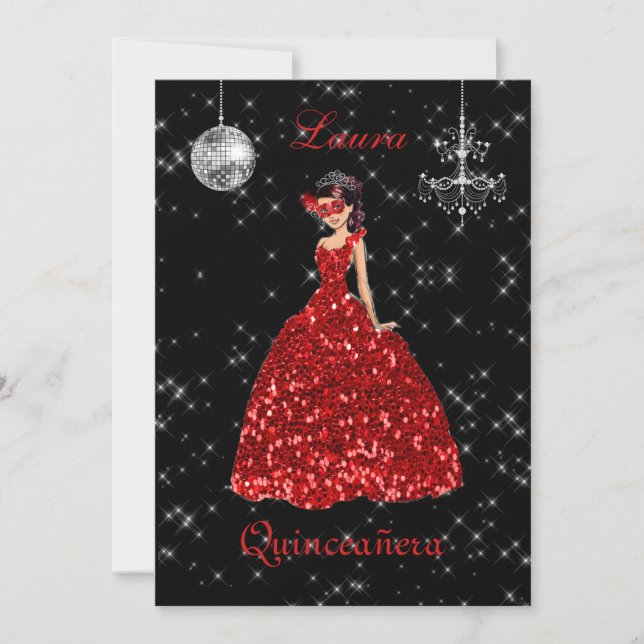 Quinceañera Masquerade Red Black Silver Spanish Invitation (Front)