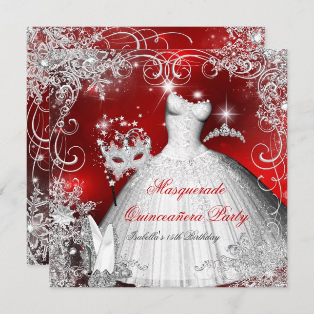 Quinceanera Masquerade Red White Snowflakes 2 Invitation (Front/Back)