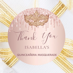 Quinceanera masquerade rose gold glitter Thank You Classic Round Sticker