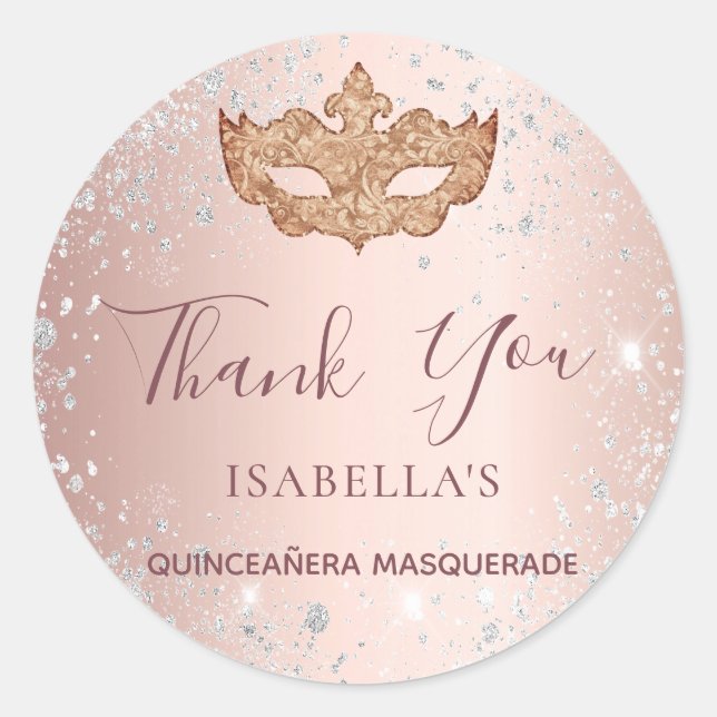 Quinceanera masquerade rose gold silver Thank You Classic Round Sticker (Front)