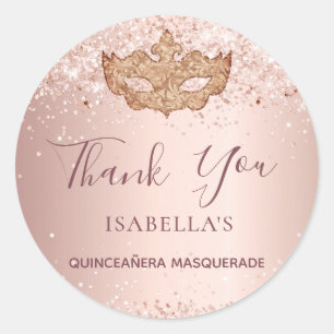 Quinceanera masquerade rose gold Thank You Classic Round Sticker