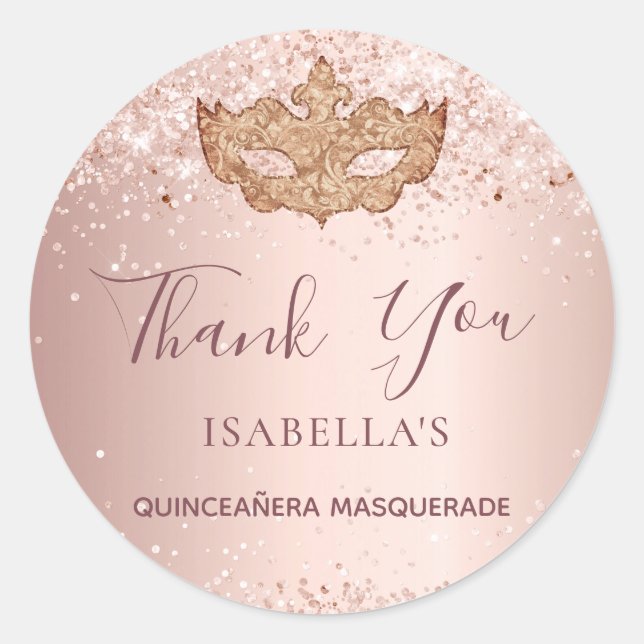 Quinceanera masquerade rose gold Thank You Classic Round Sticker (Front)