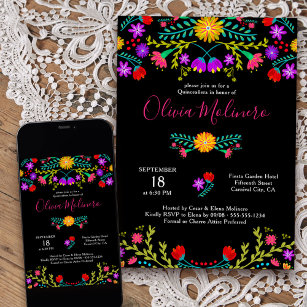 Quinceanera Mexican Fiesta Colourful Floral Black Invitation