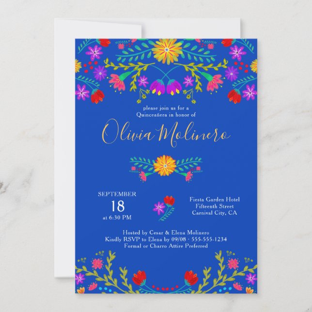Quinceanera Mexican Fiesta Colourful Floral Blue Invitation (Front)