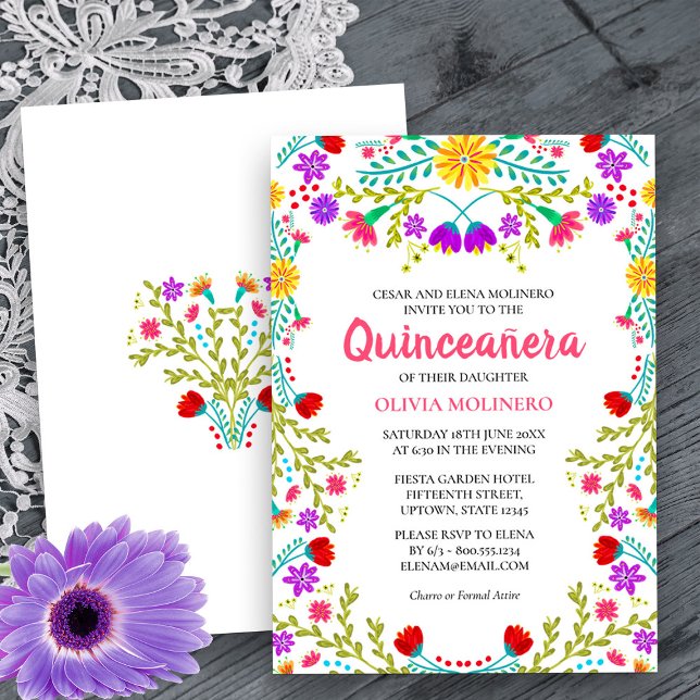 Quinceanera Mexican Fiesta Floral 15th Birthday Invitation (Quinceanera Invitation from my Mexican Fiesta Flowers Quinceanera Collection -printed or digital)