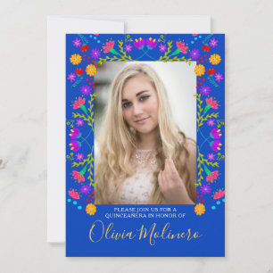 Quinceanera Mexican Fiesta Floral Blue Photo Invitation