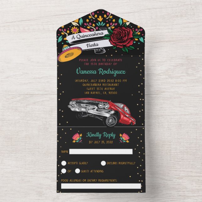 Quinceañera mexican fiesta floral red lowrider all in one invitation (Inside)