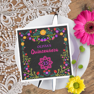 Quinceanera Mexican Fiesta Flowers Black Birthday Napkin