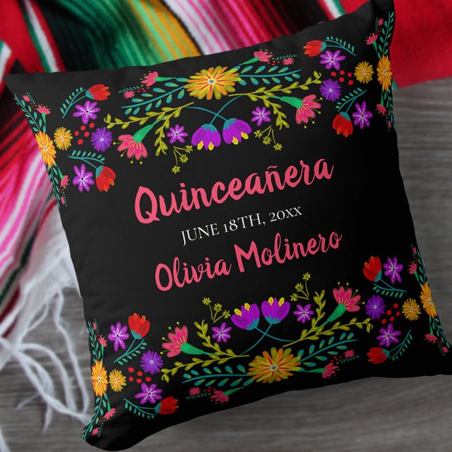 Quinceanera Mexican Fiesta Flowers Black Cushion (Creator Uploaded)
