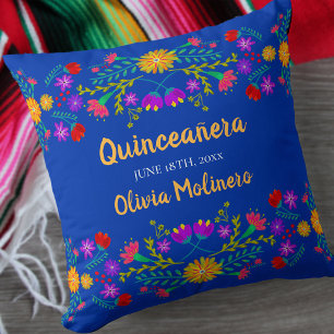 Quinceanera Mexican Fiesta Flowers Blue Cushion