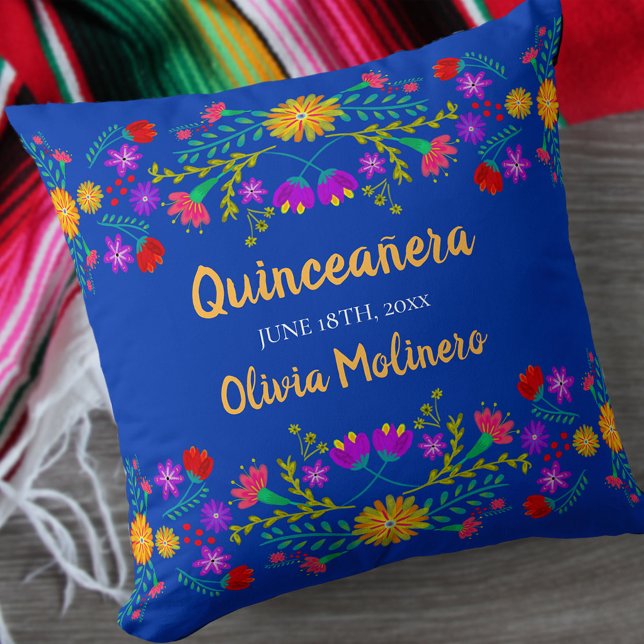 Quinceanera Mexican Fiesta Flowers Blue Cushion (Creator Uploaded)