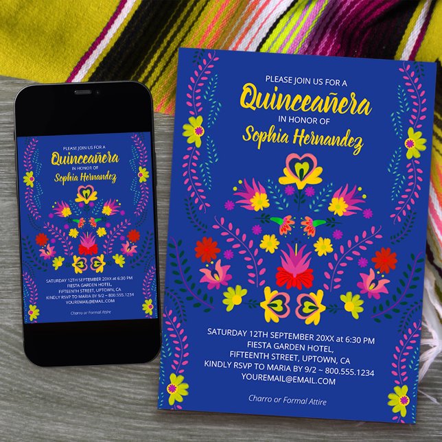 Quinceanera Mexican Party Flowers Blue Birthday Invitation (Quinceanera Invitation from my Mexican Fiesta Party collection available printed or printable downlo)