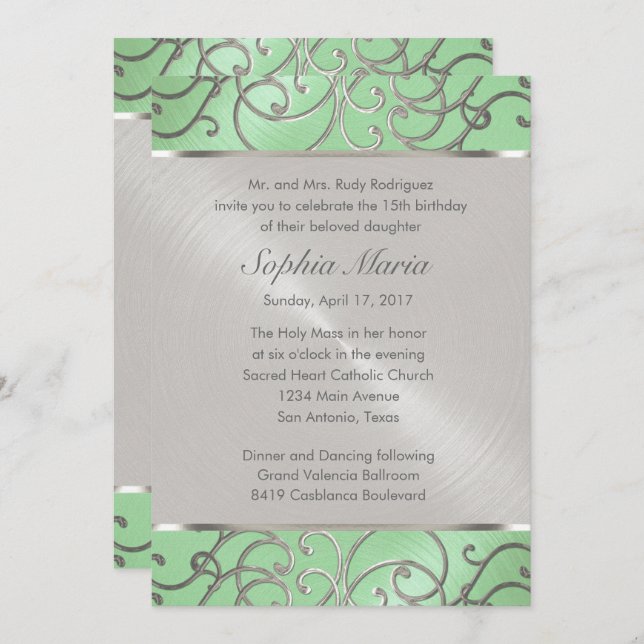 Quinceanera Mint Green and Silver Filigree Swirls Invitation (Front/Back)