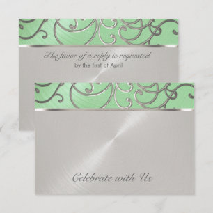 Quinceanera Mint Green and Silver Filigree Swirls Invitation