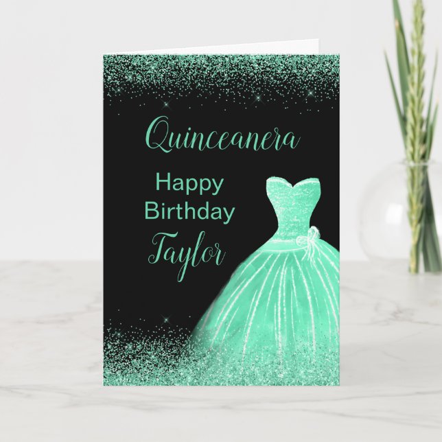 Quinceanera Mint Green Dress Faux Glitter Card (Front)