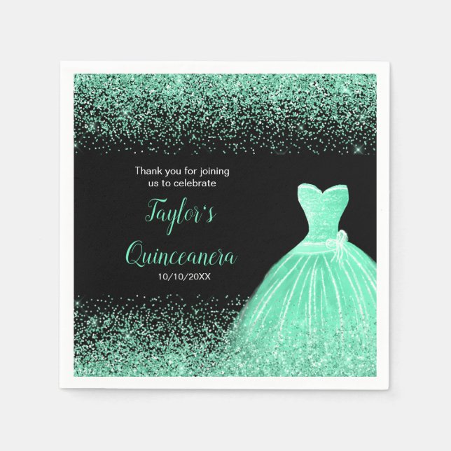 Quinceanera Mint Green Faux Glitter Napkin (Front)