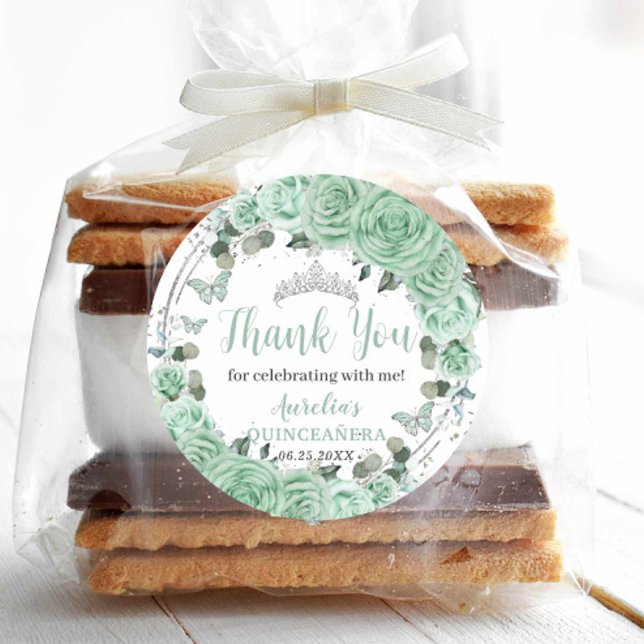 Quinceañera Mint Green Floral Silver Butterflies Classic Round Sticker (Creator Uploaded)