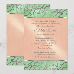 Quinceanera Mint Green Peach Silver Filigree Swirl Invitation