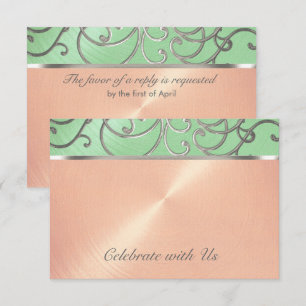 Quinceanera Mint Green Peach Silver Filigree Swirl Invitation