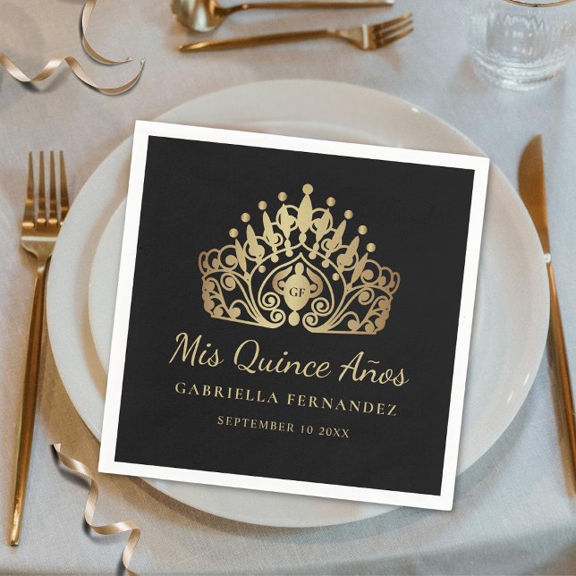 Quinceañera Mis Quince Anos Black Gold  Napkin (Creator Uploaded)