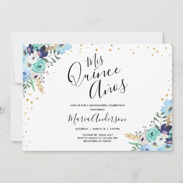Quinceañera Mis Quince Años Blue Floral Birthday Invitation (Front)