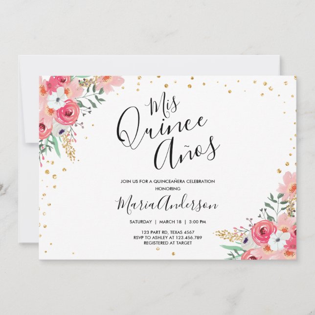Quinceañera Mis Quince Años Pink Floral Birthday Invitation (Front)