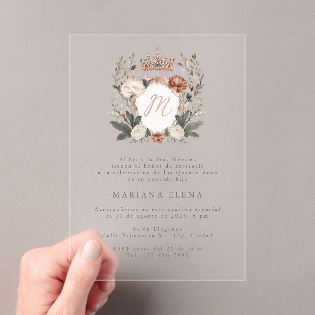 Quinceañera Mis Quince Flower Crest Monogram Acrylic Invitations (Insitu (Handheld))