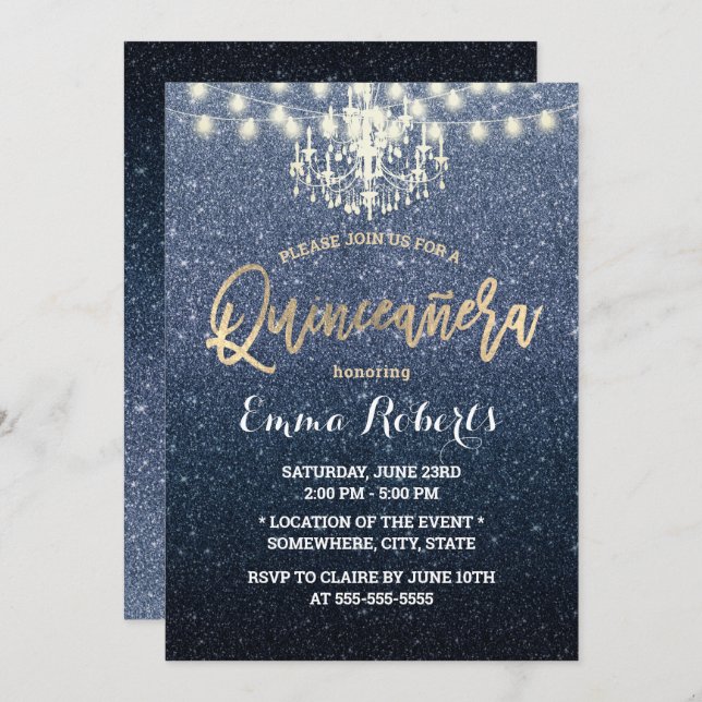 Quinceanera Modern Navy Blue Glitter Chandelier Invitation (Front/Back)