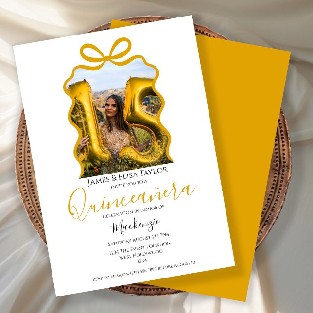  Quinceanera Modern Ribbon Frame Invitation (Quinceanera Modern Ribbon Frame Invitation by Ricaso. A simple trendy photo template.  15 year old)
