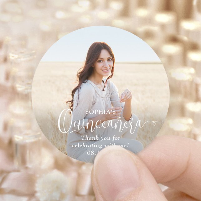 Quinceañera Modern Trendy Script & Photo Thank You Classic Round Sticker (Creator Uploaded)
