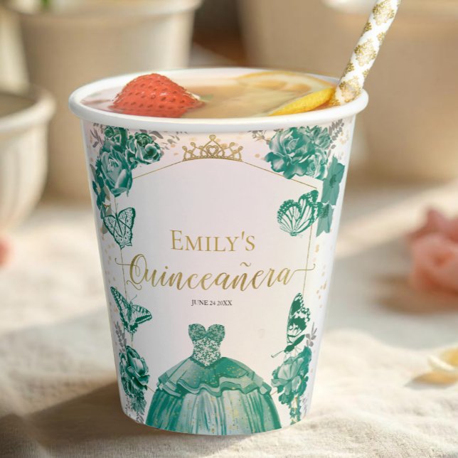 Quinceanera Napkins Emerald Green Dress Floral Paper Cups (Creator Uploaded)