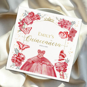 Quinceanera Napkins Red Dress Floral Gold Foil
