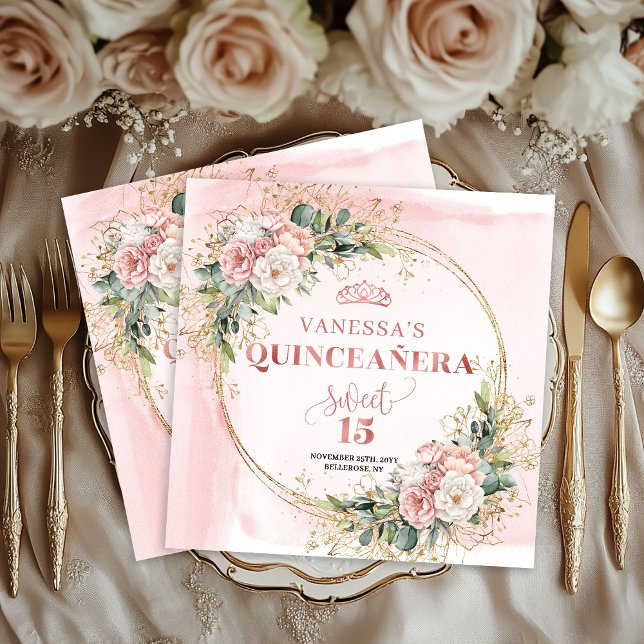 Quinceañera Napkins Rose Gold Floral Eucalyptus (Rose Gold Floral Eucalyptus Quinceañera Party Napkin)