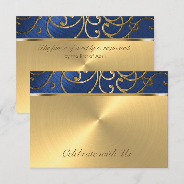 Quinceanera Navy Blue and Gold Filigree Swirls Invitation (Front/Back)