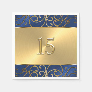 Quinceanera Navy Blue and Gold Filigree Swirls Napkin