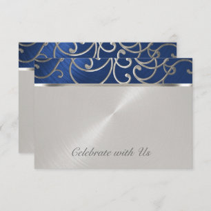 Quinceanera Navy Blue and Silver Filigree Swirls RSVP Card
