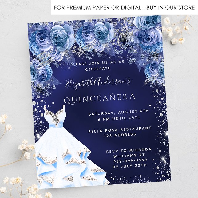 Quinceanera navy blue dress floral invitation (Creator Uploaded)