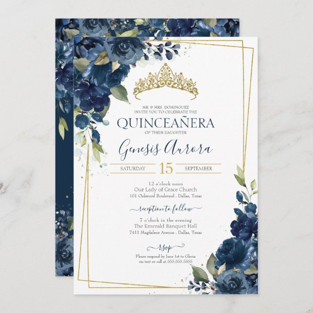 Quinceañera Navy Blue Elegant Watercolor Floral Invitation (Front/Back)