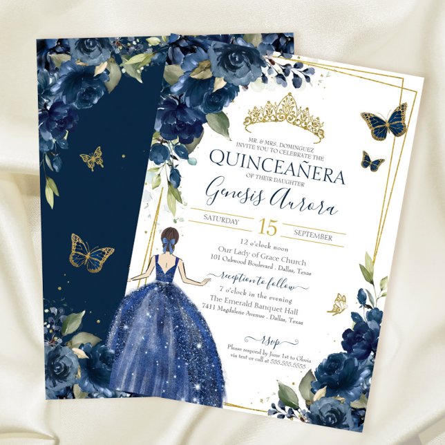 Quinceañera Navy Blue Floral Butterflies and Dress Invitation (Creator Uploaded)